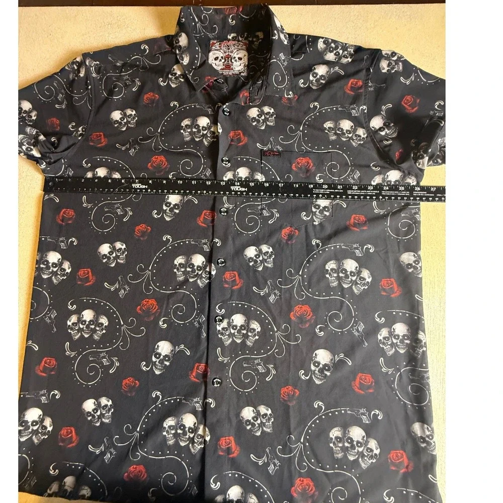 Retro Rifle Skull Rose Graphic Short Sleeve Button Up Shirt 2XL-974 - Picture 7 of 8